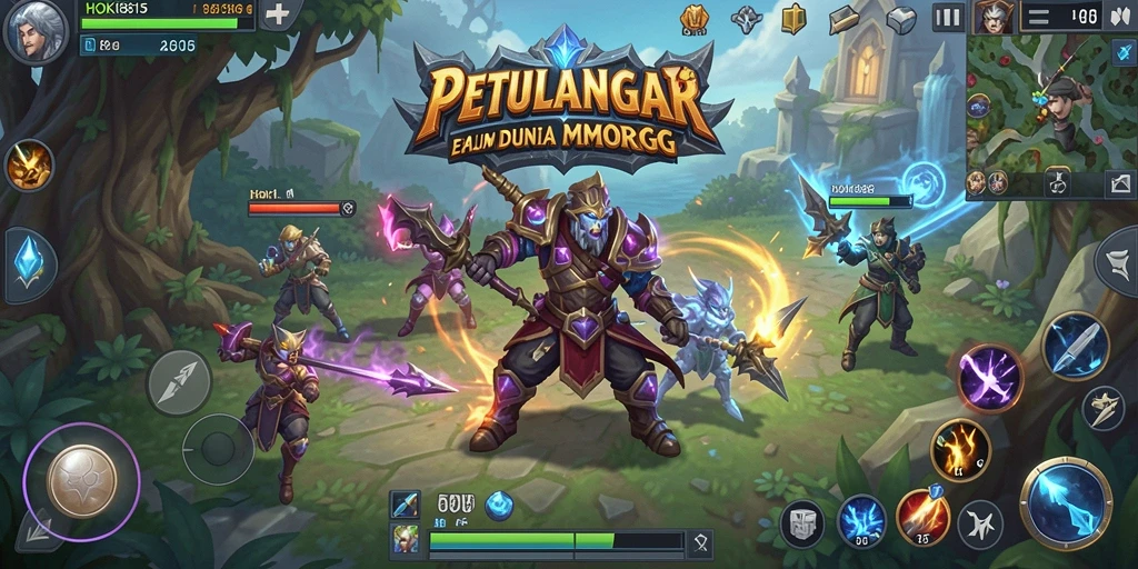 Screenshot gameplay HOKI8815 yang menampilkan pertarungan epik dalam dunia MMORPG.