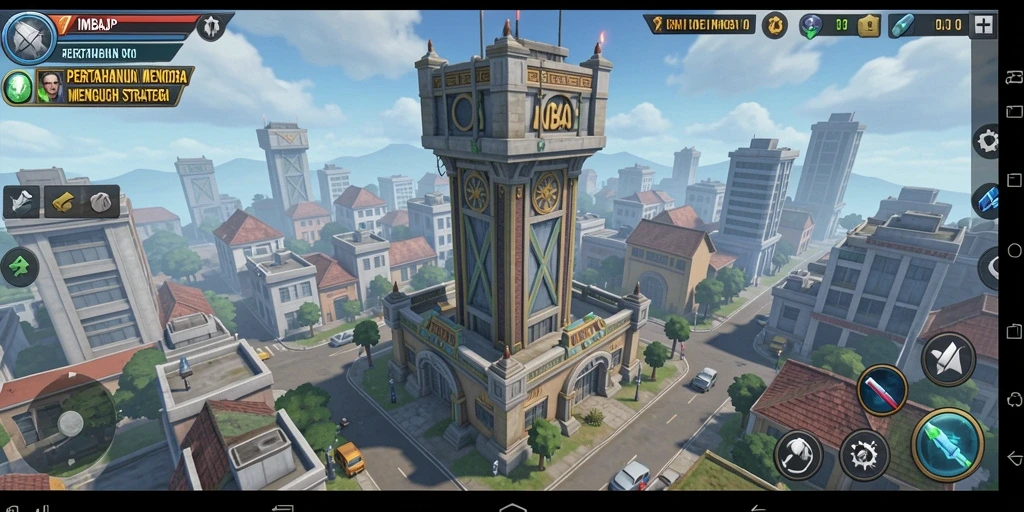 Tangkapan layar gameplay IMBAJP menampilkan menara mempertahankan serangan musuh.
