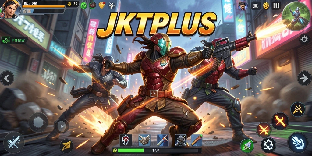 Screenshot utama JKTPLUS menampilkan aksi pertarungan yang seru dan menghadirkan grafis berkualitas tinggi.
