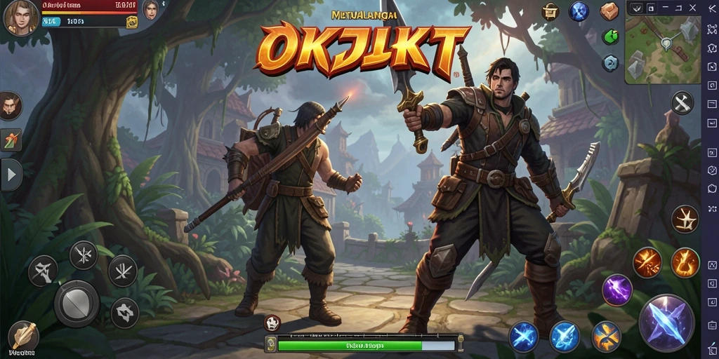 Screenshot gameplay OKJKT dengan karakter sedang bertarung di arena.